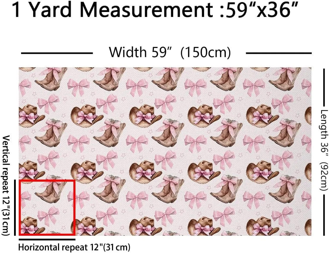 Western Boots Hat Fabric by The Yard,Pink Cowgirl Bowknot DIY Art Waterproof Fabric,Farmhouse Style Outdoor Fabric,Cute Style Upholstery Fabric,1 Yard,36" L x 59" W