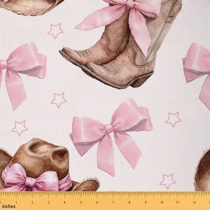 Western Boots Hat Fabric by The Yard,Pink Cowgirl Bowknot DIY Art Waterproof Fabric,Farmhouse Style Outdoor Fabric,Cute Style Upholstery Fabric,1 Yard,36" L x 59" W