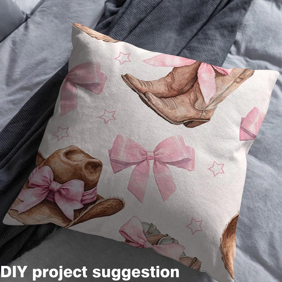 Western Boots Hat Fabric by The Yard,Pink Cowgirl Bowknot DIY Art Waterproof Fabric,Farmhouse Style Outdoor Fabric,Cute Style Upholstery Fabric,1 Yard,36" L x 59" W