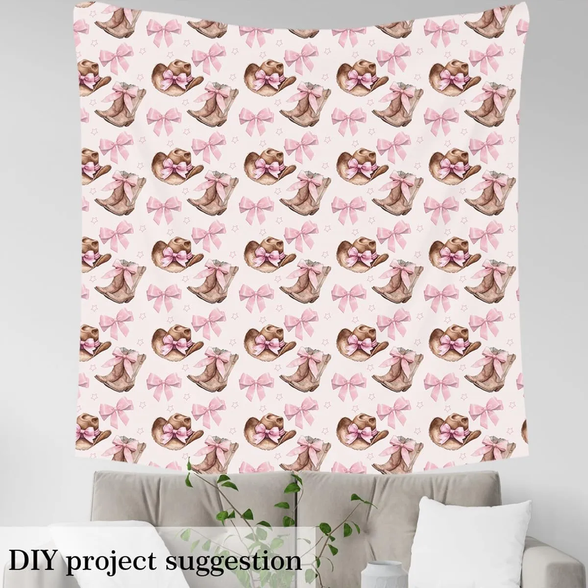 Western Boots Hat Fabric by The Yard,Pink Cowgirl Bowknot DIY Art Waterproof Fabric,Farmhouse Style Outdoor Fabric,Cute Style Upholstery Fabric,1 Yard,36" L x 59" W