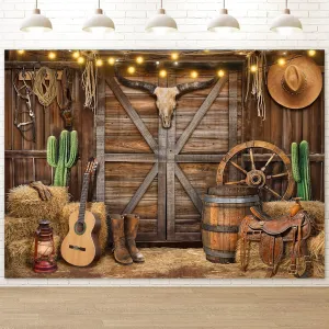 Western Cowboy Backdrop Banner, 8X6FT Wild West Rustic Wooden Barn House Photography Background for Western Party Decoration, Rodeo Backdrop for Kid Birthday Party, Reusable and Washable