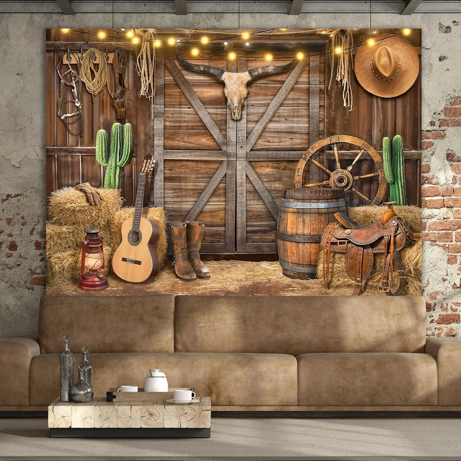 Western Cowboy Backdrop Banner, 8X6FT Wild West Rustic Wooden Barn House Photography Background for Western Party Decoration, Rodeo Backdrop for Kid Birthday Party, Reusable and Washable