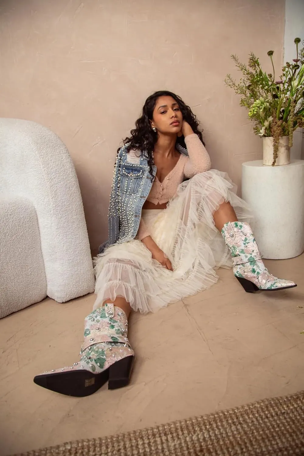 Western Cowboy Boots For Women Flower Embroidered Rhinestone Mid Calf Pointed Toe Chunky Heel Cowgirl Boots