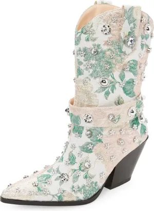 Western Cowboy Boots For Women Flower Embroidered Rhinestone Mid Calf Pointed Toe Chunky Heel Cowgirl Boots