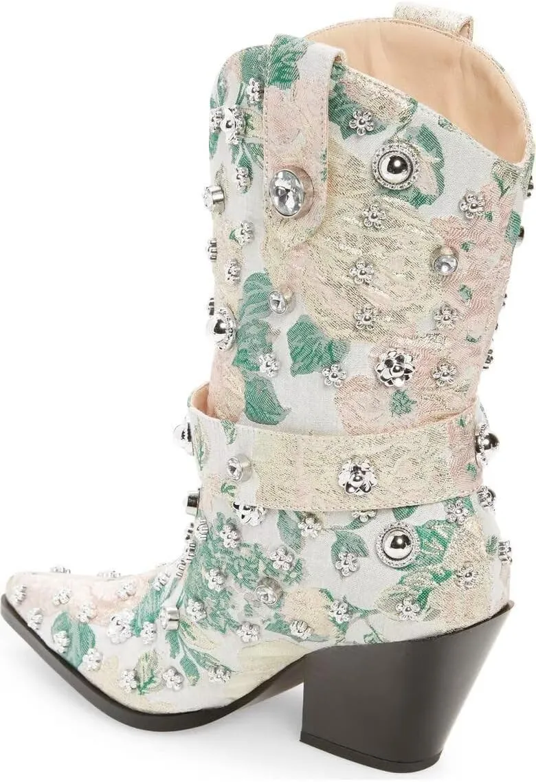 Western Cowboy Boots For Women Flower Embroidered Rhinestone Mid Calf Pointed Toe Chunky Heel Cowgirl Boots