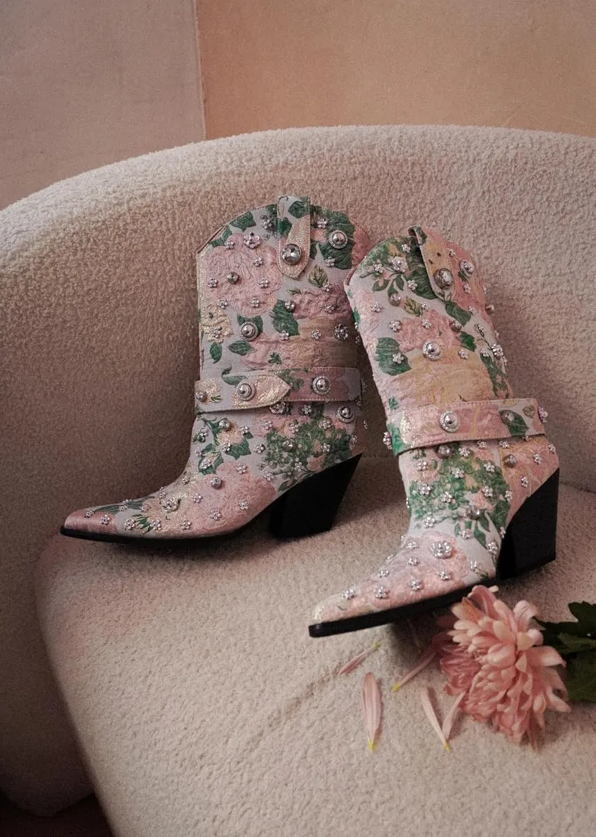 Western Cowboy Boots For Women Flower Embroidered Rhinestone Mid Calf Pointed Toe Chunky Heel Cowgirl Boots