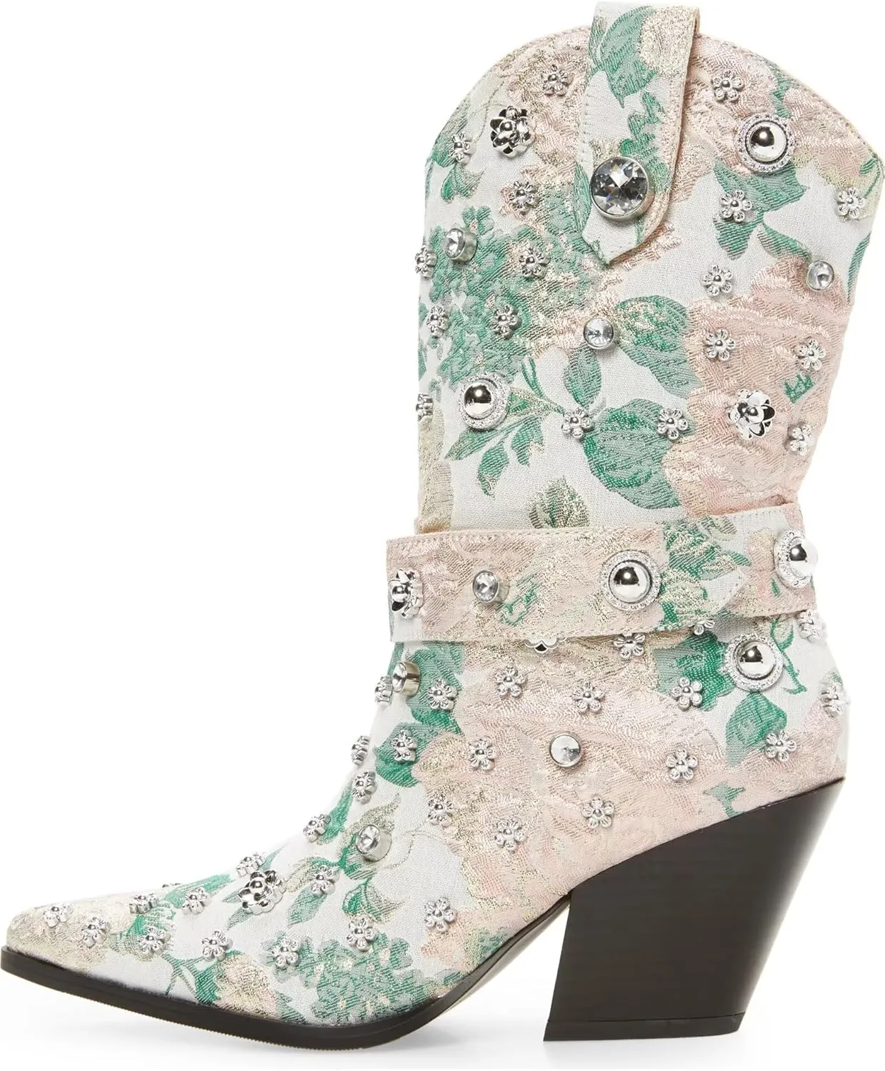 Western Cowboy Boots For Women Flower Embroidered Rhinestone Mid Calf Pointed Toe Chunky Heel Cowgirl Boots
