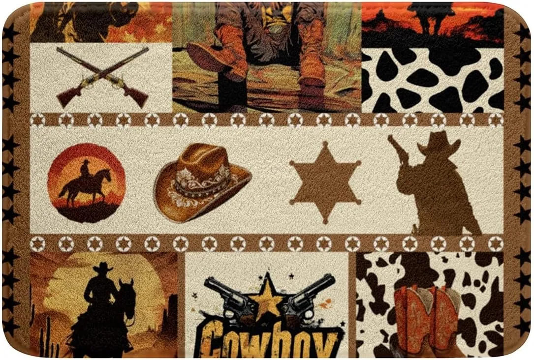 Western Cowboy Kids Bath Mats,Hats Boots Cowhide Texas Stars Hunt Gun Mats Rugs,Boys Men Room Decor,Geometric Plaids Patchwork Bath Carpets,Brown Bath Rugs,Absorbent Floor Mats,16Wx24L Inches