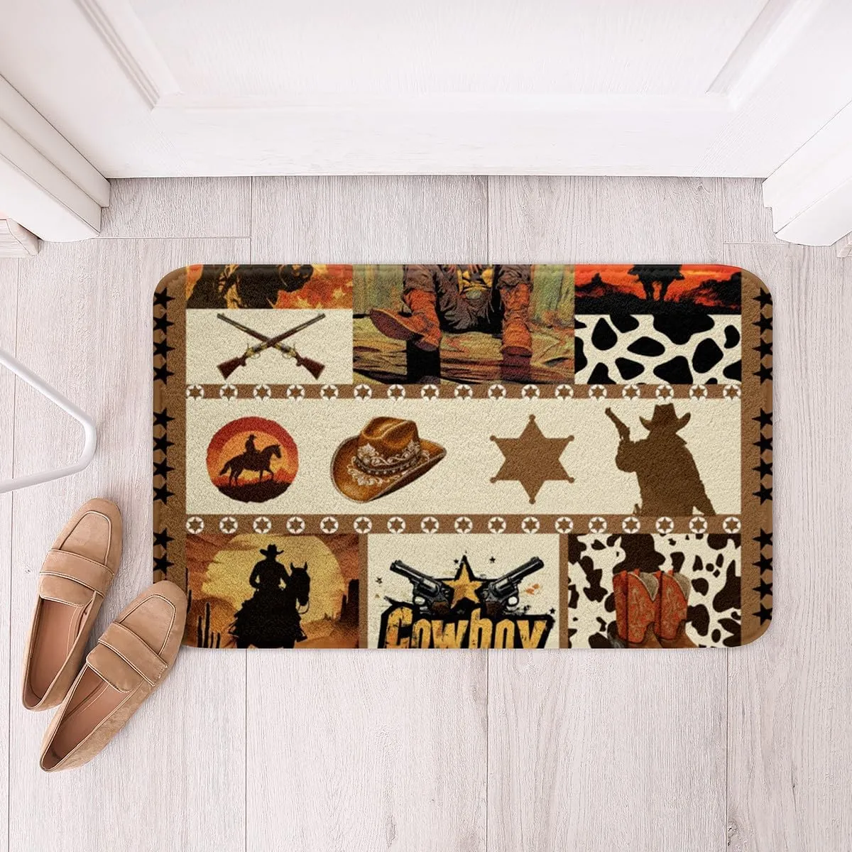 Western Cowboy Kids Bath Mats,Hats Boots Cowhide Texas Stars Hunt Gun Mats Rugs,Boys Men Room Decor,Geometric Plaids Patchwork Bath Carpets,Brown Bath Rugs,Absorbent Floor Mats,16Wx24L Inches