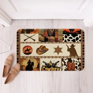 Western Cowboy Kids Bath Mats,Hats Boots Cowhide Texas Stars Hunt Gun Mats Rugs,Boys Men Room Decor,Geometric Plaids Patchwork Bath Carpets,Brown Bath Rugs,Absorbent Floor Mats,16Wx24L Inches