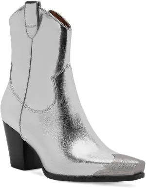 Western Metal Toe Ankle Boots Cowboy Boots for Women Cowgirl Boots Pointed Toe Zipper Boots Stacked Heel Boots