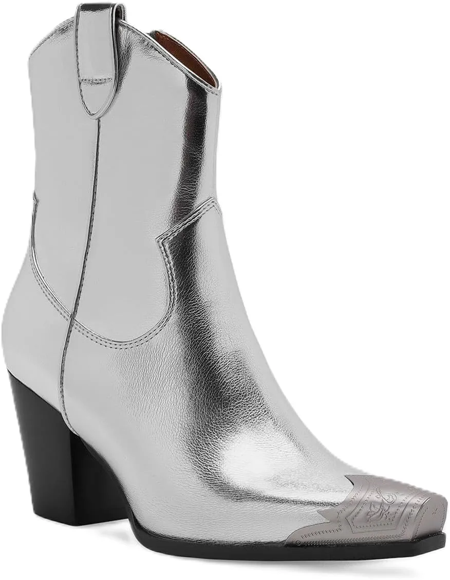 Western Metal Toe Ankle Boots Cowboy Boots for Women Cowgirl Boots Pointed Toe Zipper Boots Stacked Heel Boots