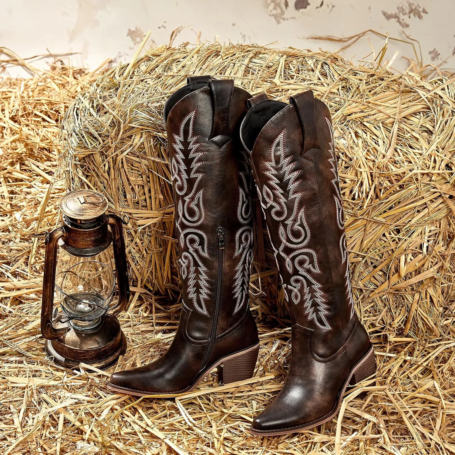wetkiss Womens Cowboy Boots Side Zipper Ladies Cowgirl Knee High Boots,Comfortable Retro Tall Vintage Embroidery Pointed Toe Block Chunky Heel
