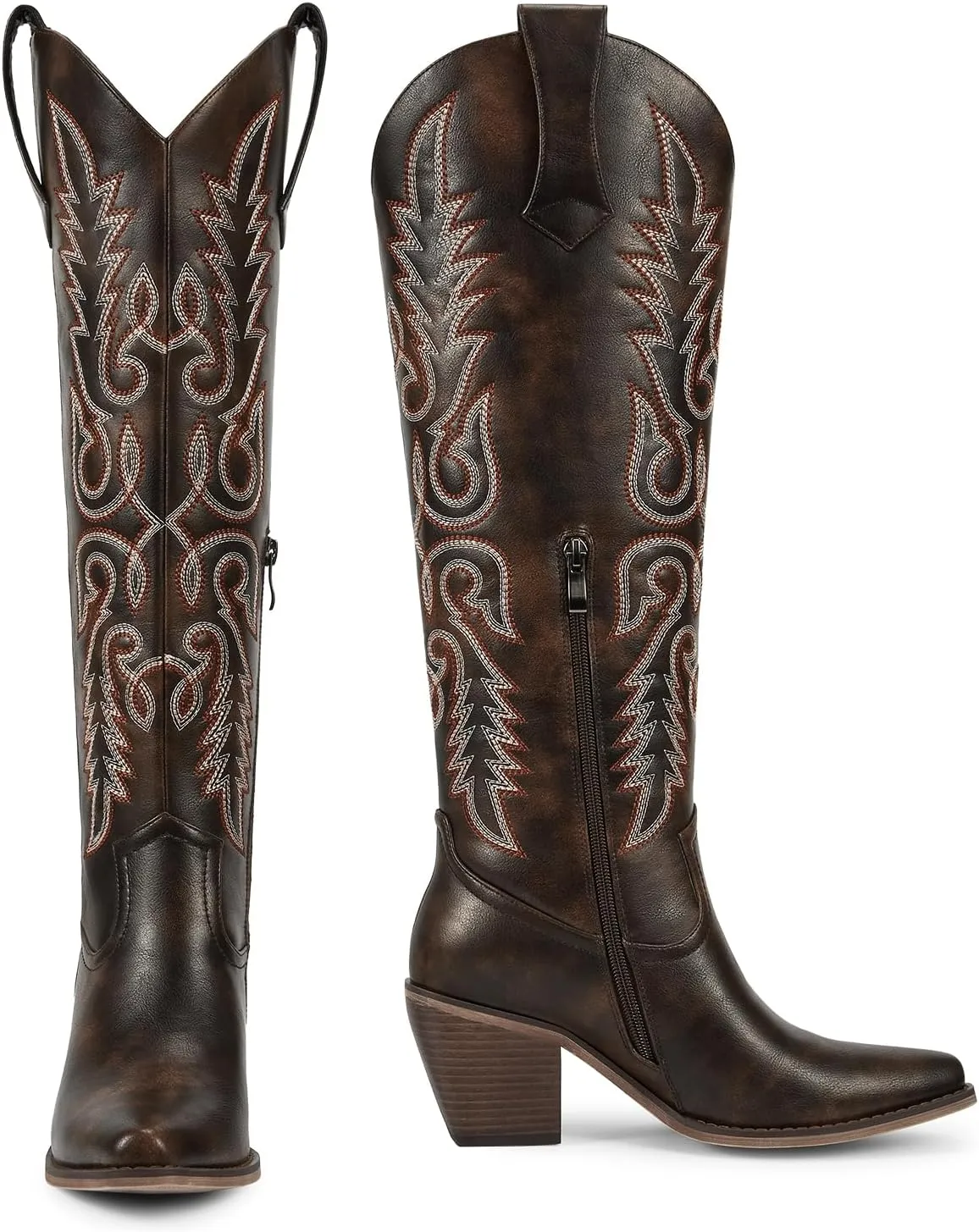 wetkiss Womens Cowboy Boots Side Zipper Ladies Cowgirl Knee High Boots,Comfortable Retro Tall Vintage Embroidery Pointed Toe Block Chunky Heel