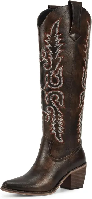 wetkiss Womens Cowboy Boots Side Zipper Ladies Cowgirl Knee High Boots,Comfortable Retro Tall Vintage Embroidery Pointed Toe Block Chunky Heel