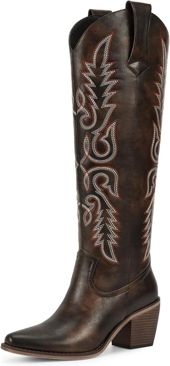 wetkiss Womens Cowboy Boots Side Zipper Ladies Cowgirl Knee High Boots,Comfortable Retro Tall Vintage Embroidery Pointed Toe Block Chunky Heel