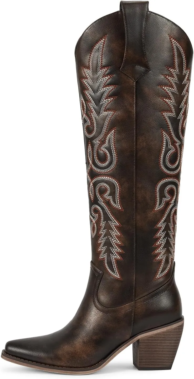 wetkiss Womens Cowboy Boots Side Zipper Ladies Cowgirl Knee High Boots,Comfortable Retro Tall Vintage Embroidery Pointed Toe Block Chunky Heel