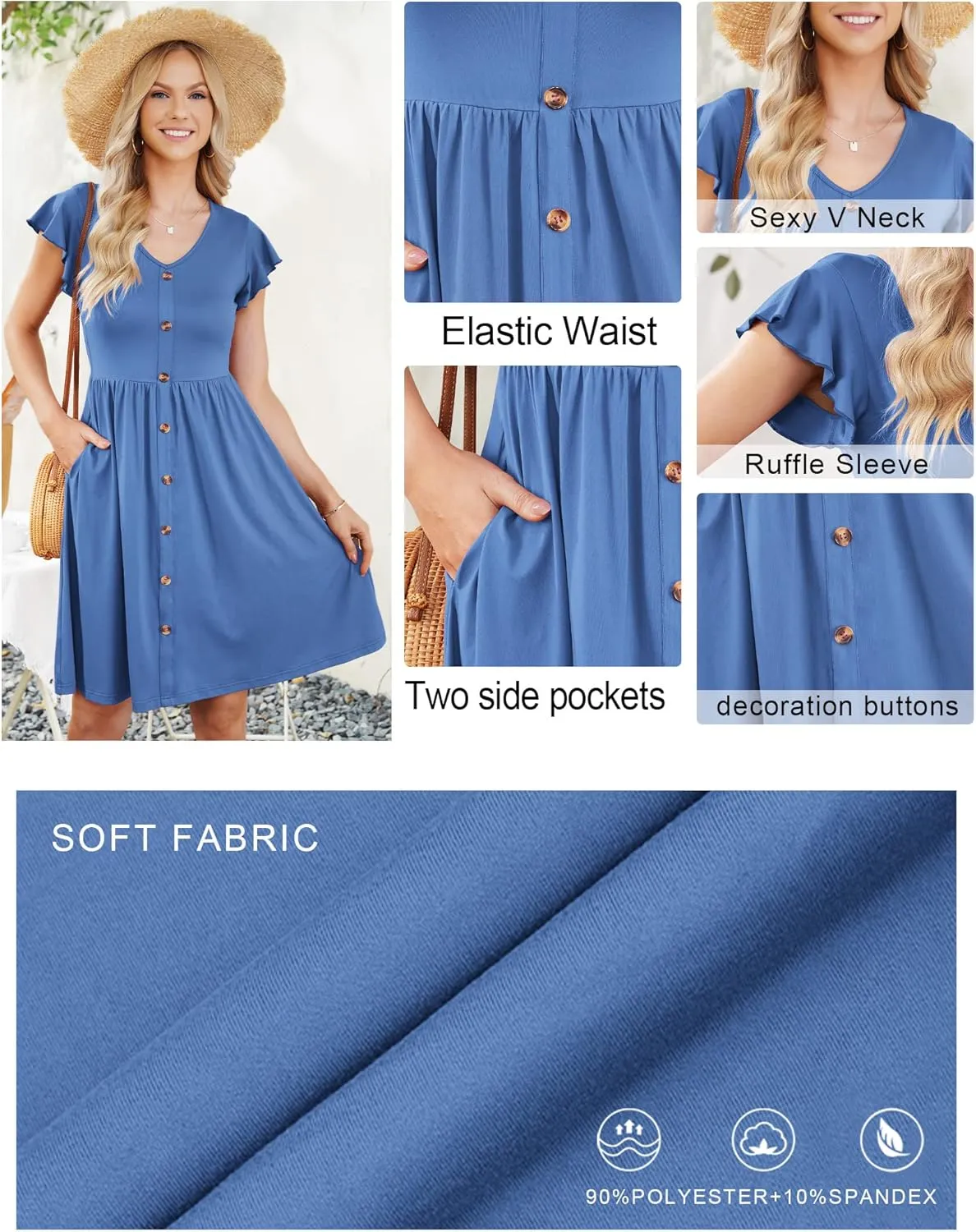 WNEEDU Women Summer Dresses Sleeveless Casual Loose Swing Button Down Midi Dress with Pockets