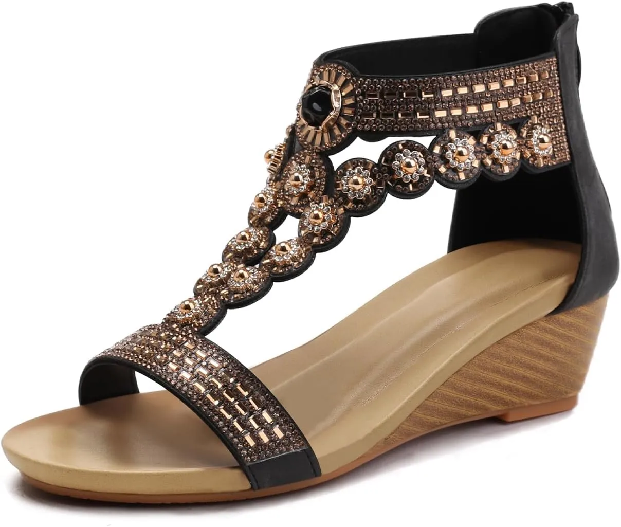 WOJWSKI Wedge Sandals for Women Bohemia Rhinestone Open Toe Roman Heel Zipper Summer Dressy Women's Beach Casual Shoes
