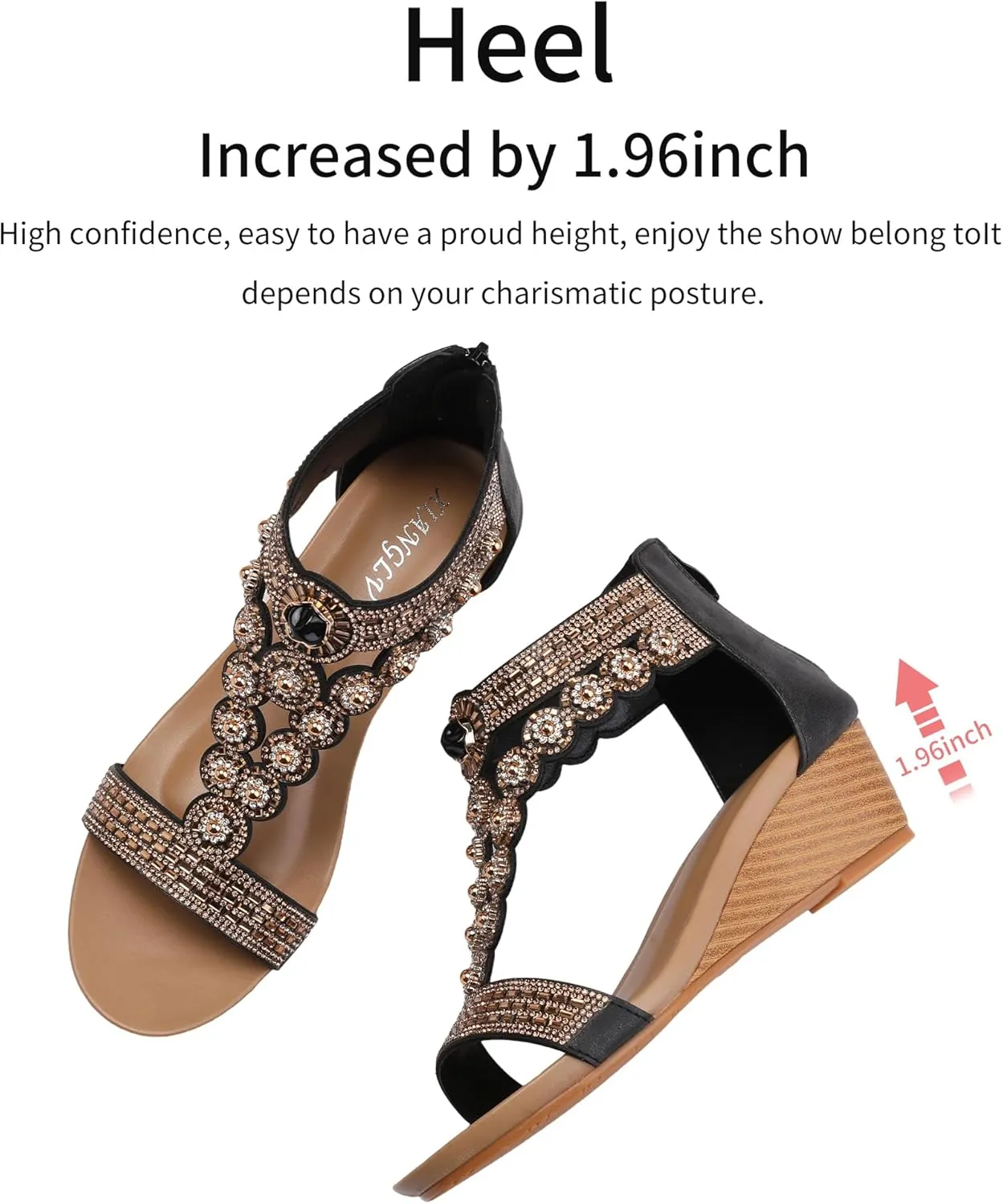 WOJWSKI Wedge Sandals for Women Bohemia Rhinestone Open Toe Roman Heel Zipper Summer Dressy Women's Beach Casual Shoes