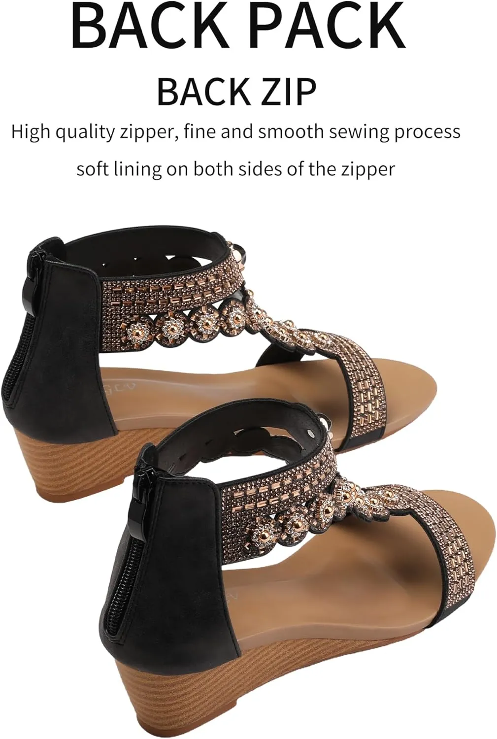 WOJWSKI Wedge Sandals for Women Bohemia Rhinestone Open Toe Roman Heel Zipper Summer Dressy Women's Beach Casual Shoes