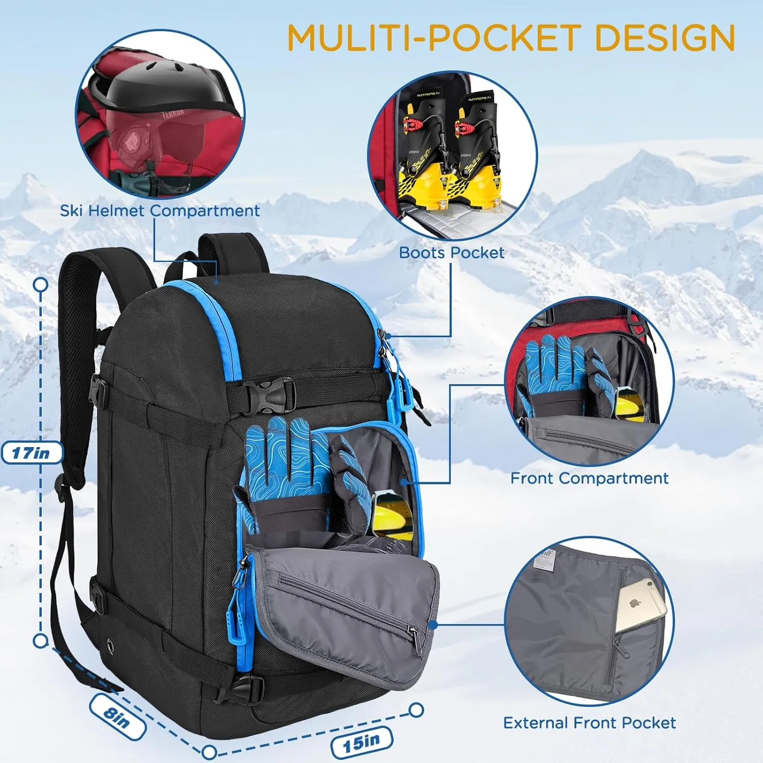 WOLT Ski Boot Bag Backpack 50L Snowboard Boot Bag for Travel for Snow Boots, Ski Helmet, Gloves, Goggles, Skiing Gear
