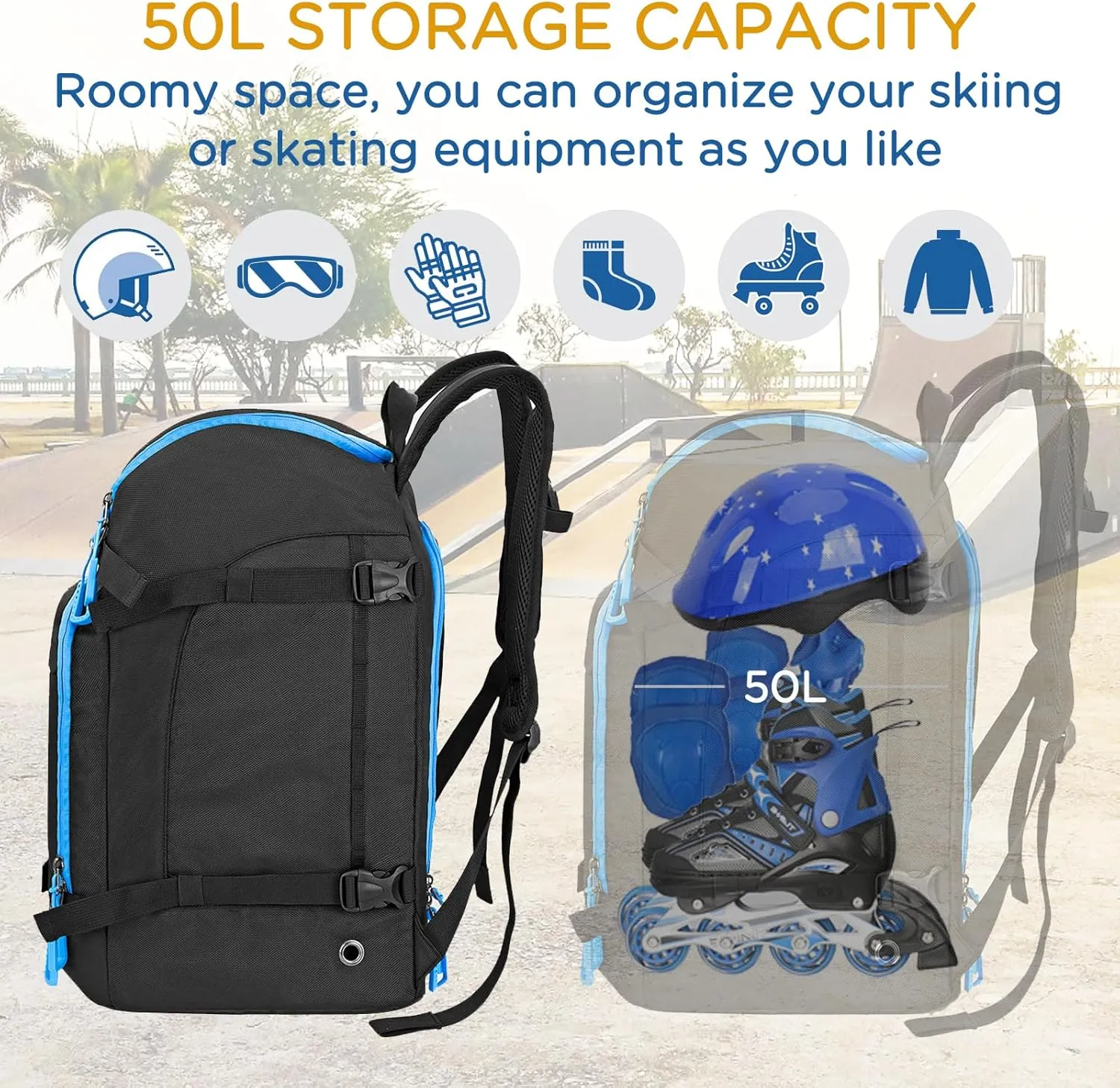 WOLT Ski Boot Bag Backpack 50L Snowboard Boot Bag for Travel for Snow Boots, Ski Helmet, Gloves, Goggles, Skiing Gear