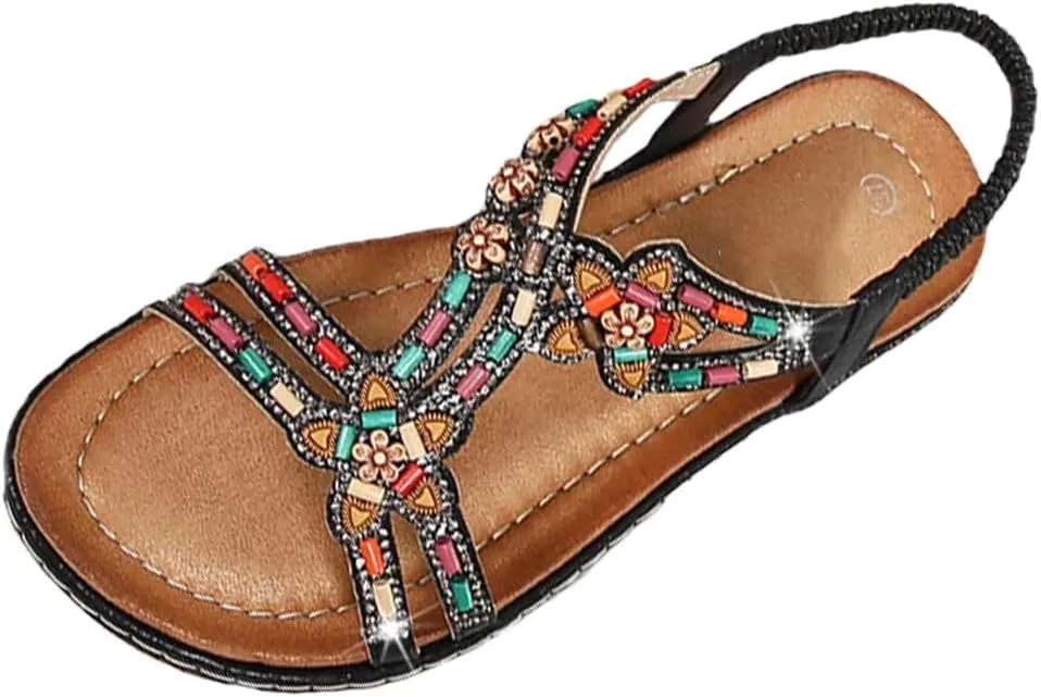 Women Bohemian Flat Sandals Elastic Band Beach Shoes Ethnic Style Dress Sandals
