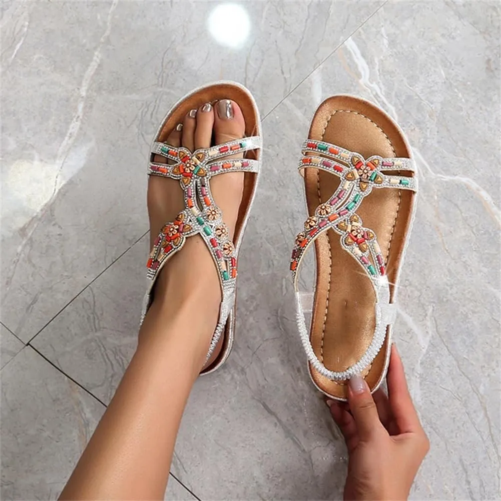Women Bohemian Flat Sandals Elastic Band Beach Shoes Ethnic Style Dress Sandals