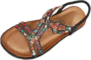 Women Bohemian Flat Sandals Elastic Band Beach Shoes Ethnic Style Dress Sandals