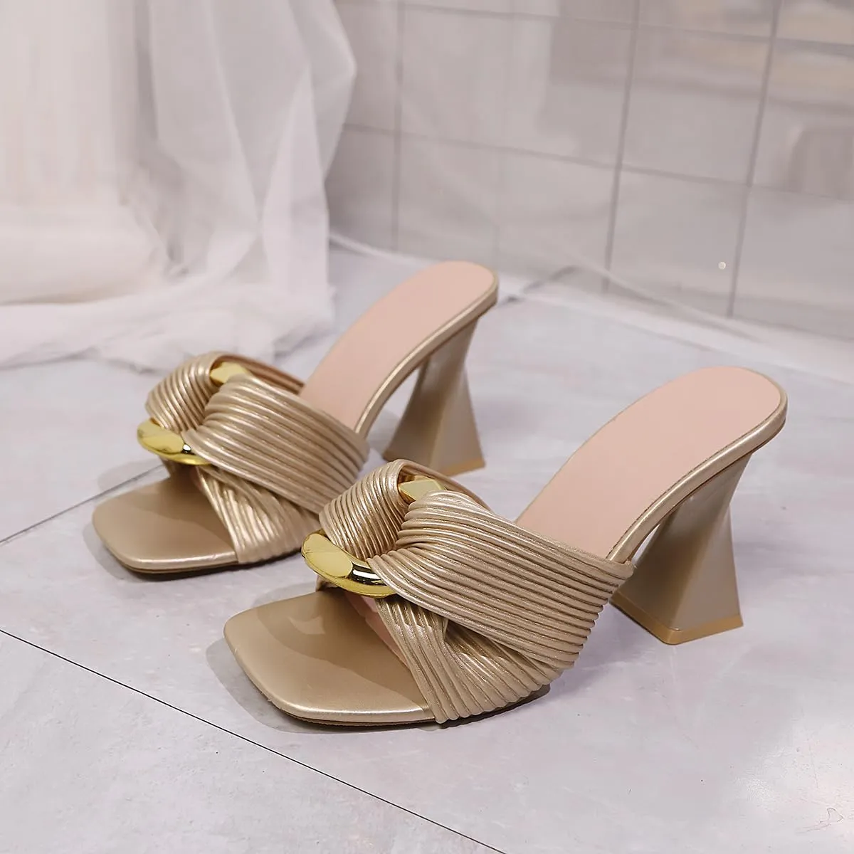 Women Chunky Block Mid Heel Square Toe Sandals Square Slip on Wedding Prom Shoes