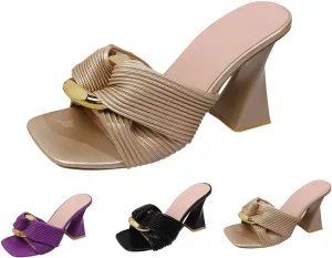 Women Chunky Block Mid Heel Square Toe Sandals Square Slip on Wedding Prom Shoes