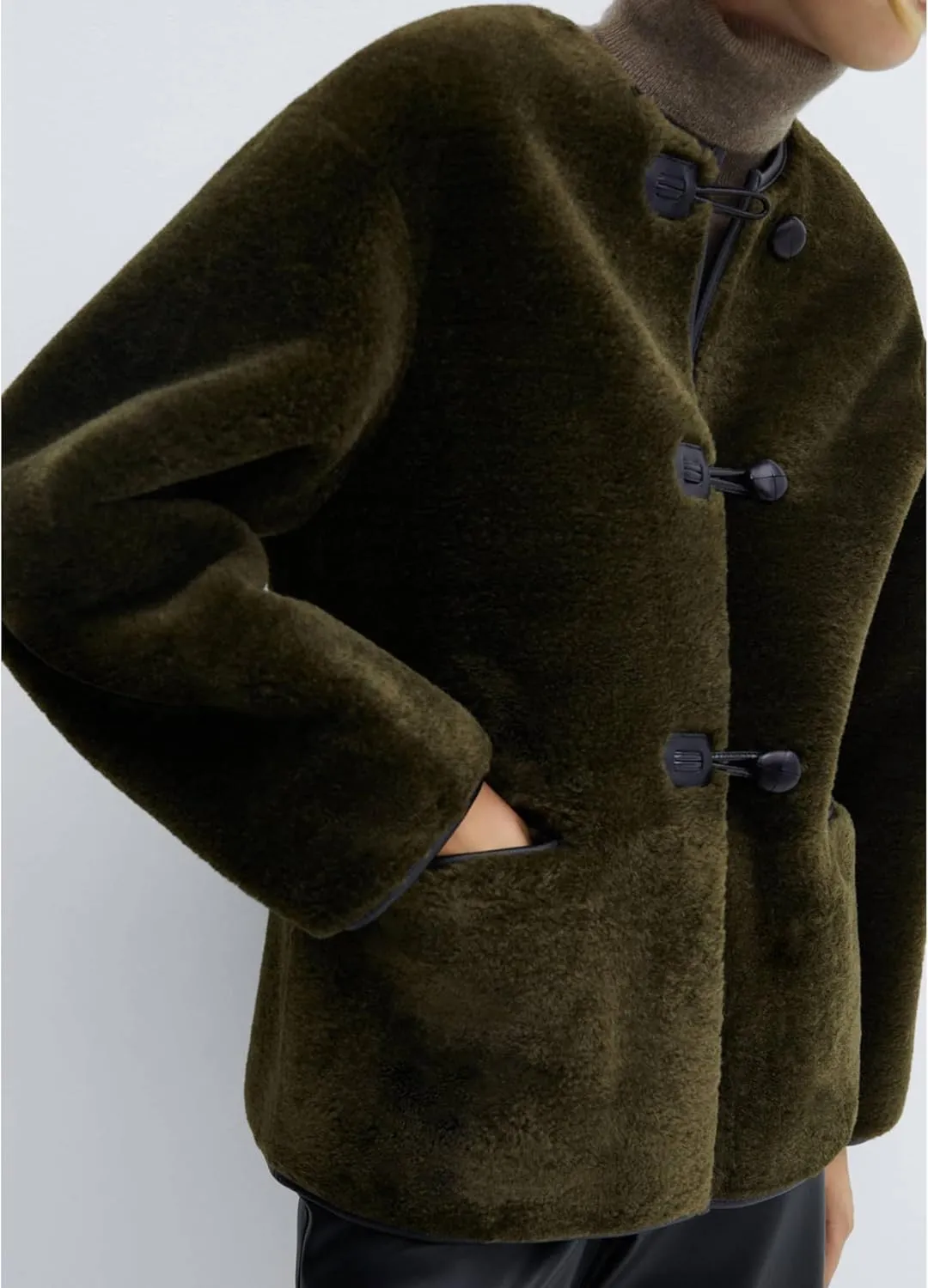 Women Faux Fur Jackets Loose Fit Fleece Long Sleeve Buttons Shaggy Winter Warm Outerwear Coats