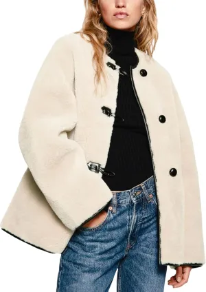 Women Faux Fur Jackets Loose Fit Fleece Long Sleeve Buttons Shaggy Winter Warm Outerwear Coats