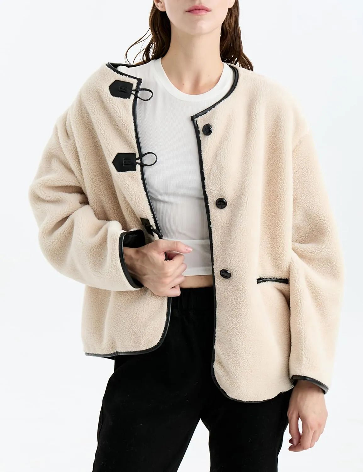 Women Faux Fur Jackets Loose Fit Fleece Long Sleeve Buttons Shaggy Winter Warm Outerwear Coats