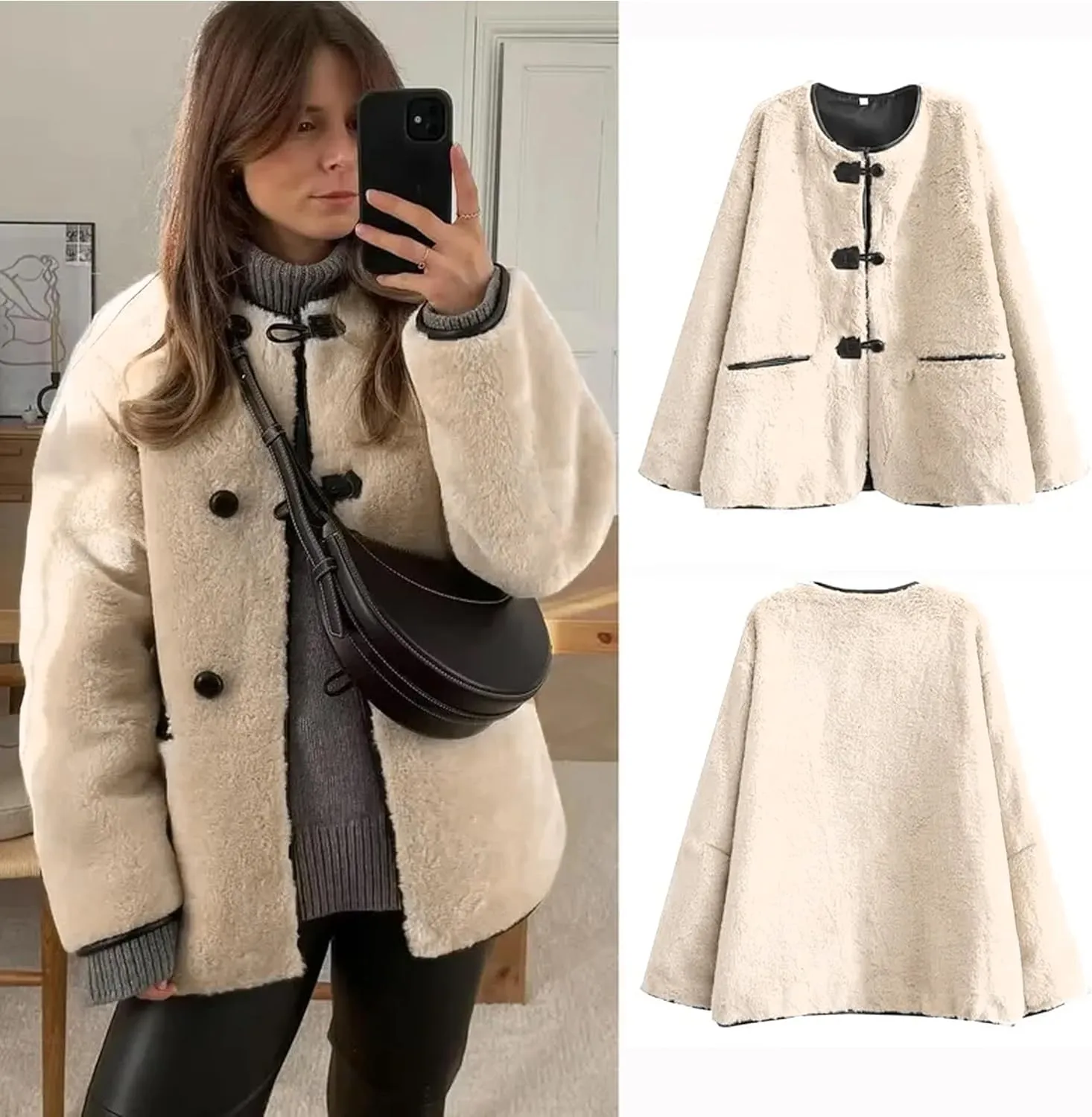 Women Faux Fur Jackets Loose Fit Fleece Long Sleeve Buttons Shaggy Winter Warm Outerwear Coats