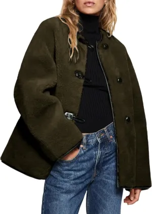 Women Faux Fur Jackets Loose Fit Fleece Long Sleeve Buttons Shaggy Winter Warm Outerwear Coats