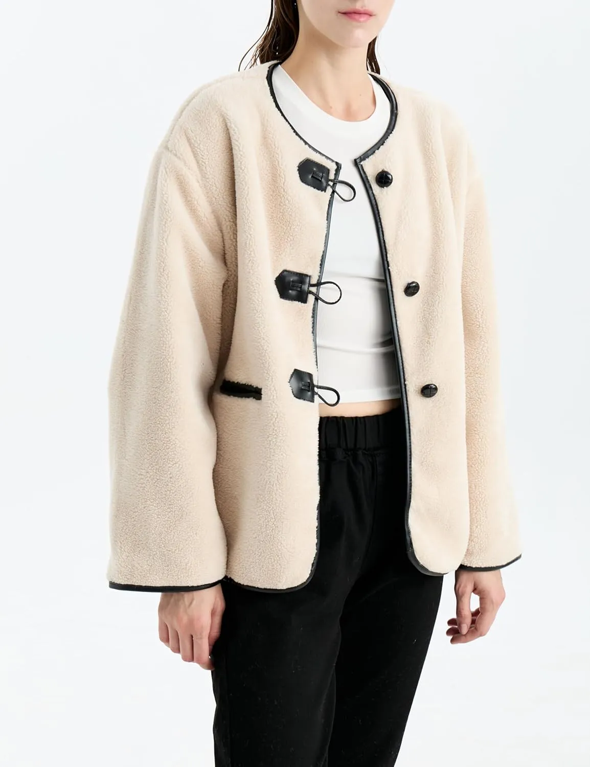 Women Faux Fur Jackets Loose Fit Fleece Long Sleeve Buttons Shaggy Winter Warm Outerwear Coats
