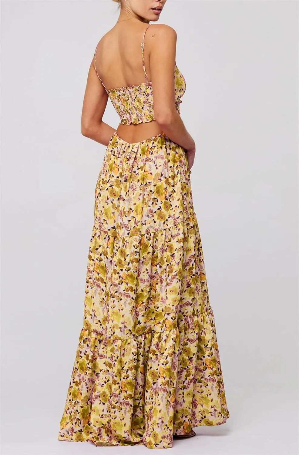 Women Floral Beach Maxi Dress Y2k Hollow Out Tie Front Twisted Spaghetti Strap Long Dress Vacation Outfits