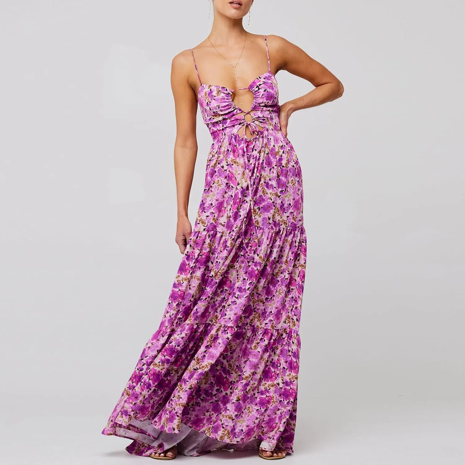Women Floral Beach Maxi Dress Y2k Hollow Out Tie Front Twisted Spaghetti Strap Long Dress Vacation Outfits