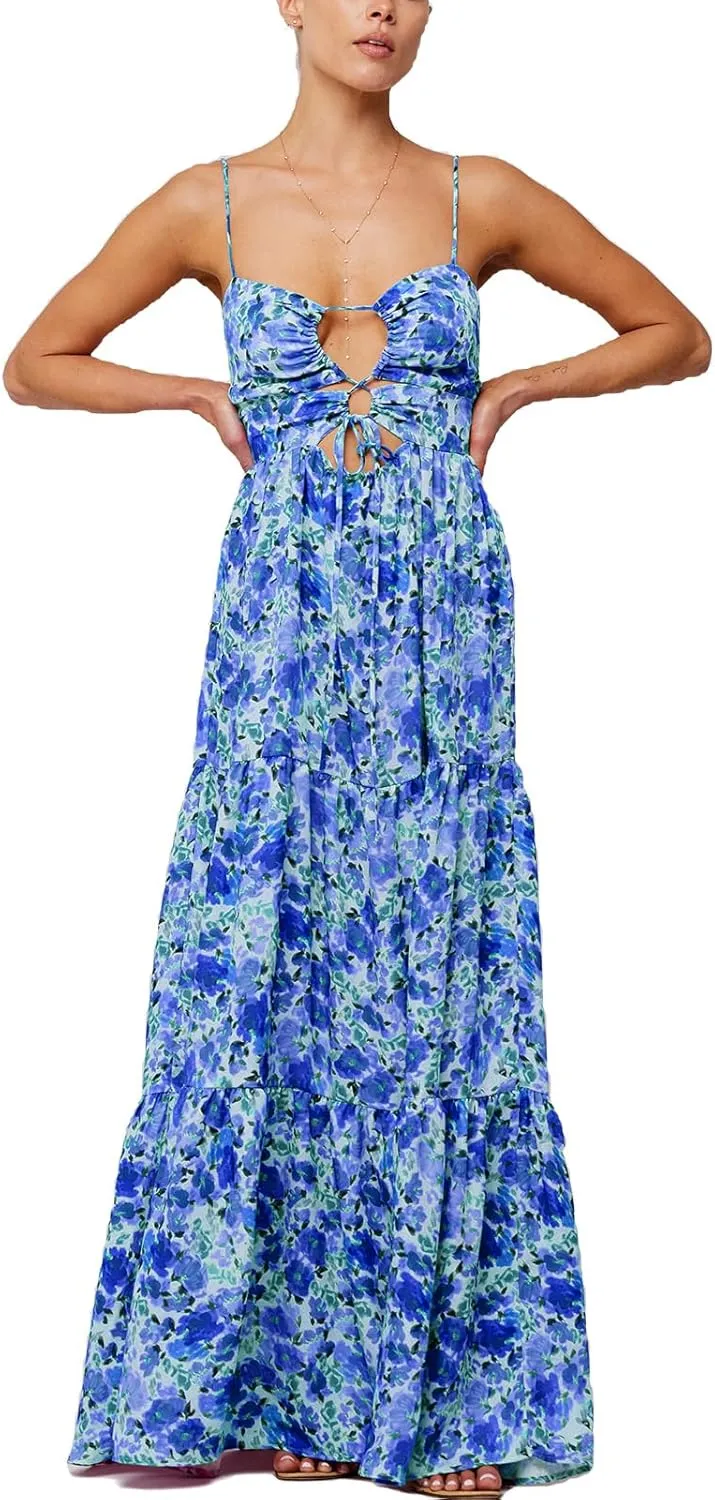 Women Floral Beach Maxi Dress Y2k Hollow Out Tie Front Twisted Spaghetti Strap Long Dress Vacation Outfits