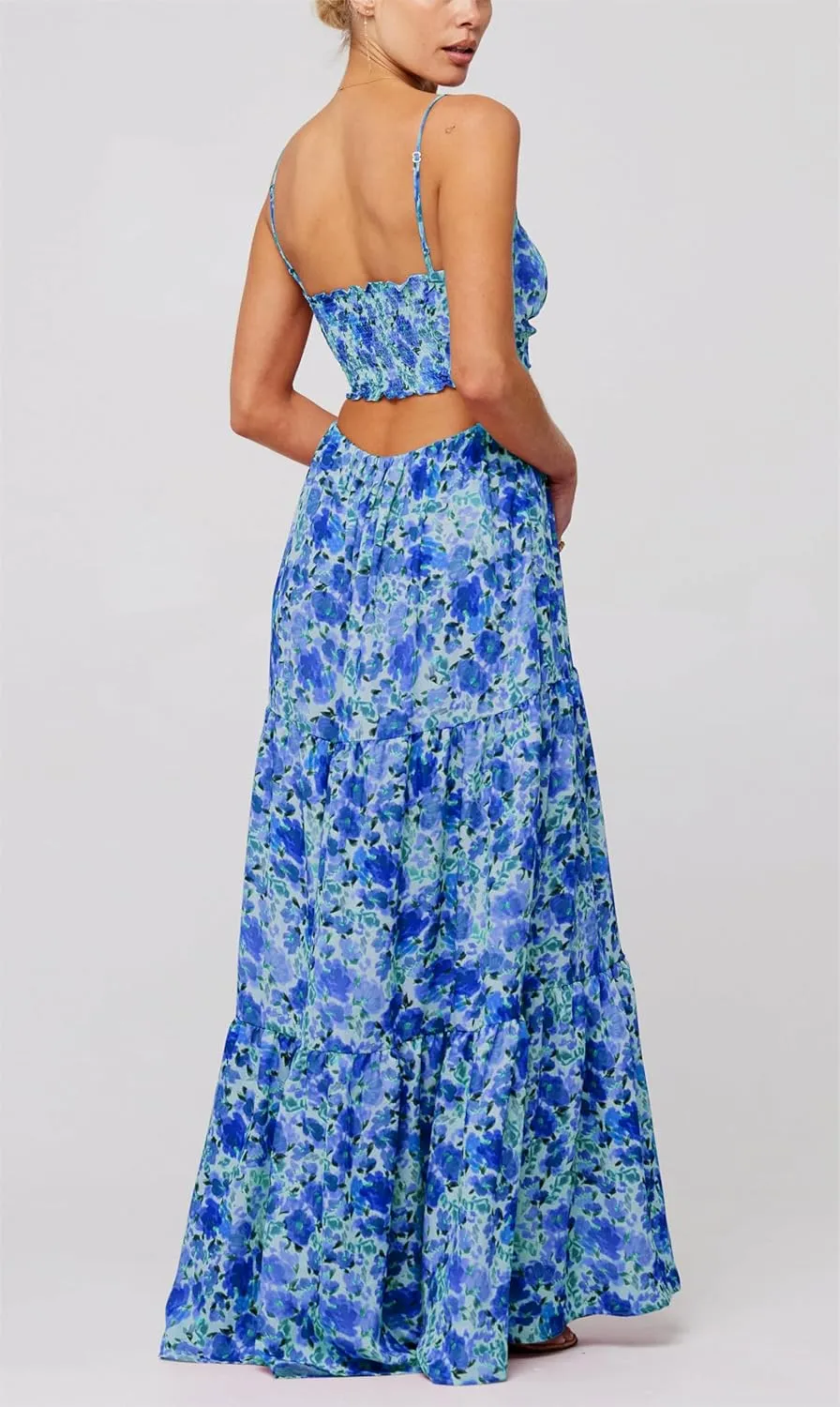 Women Floral Beach Maxi Dress Y2k Hollow Out Tie Front Twisted Spaghetti Strap Long Dress Vacation Outfits