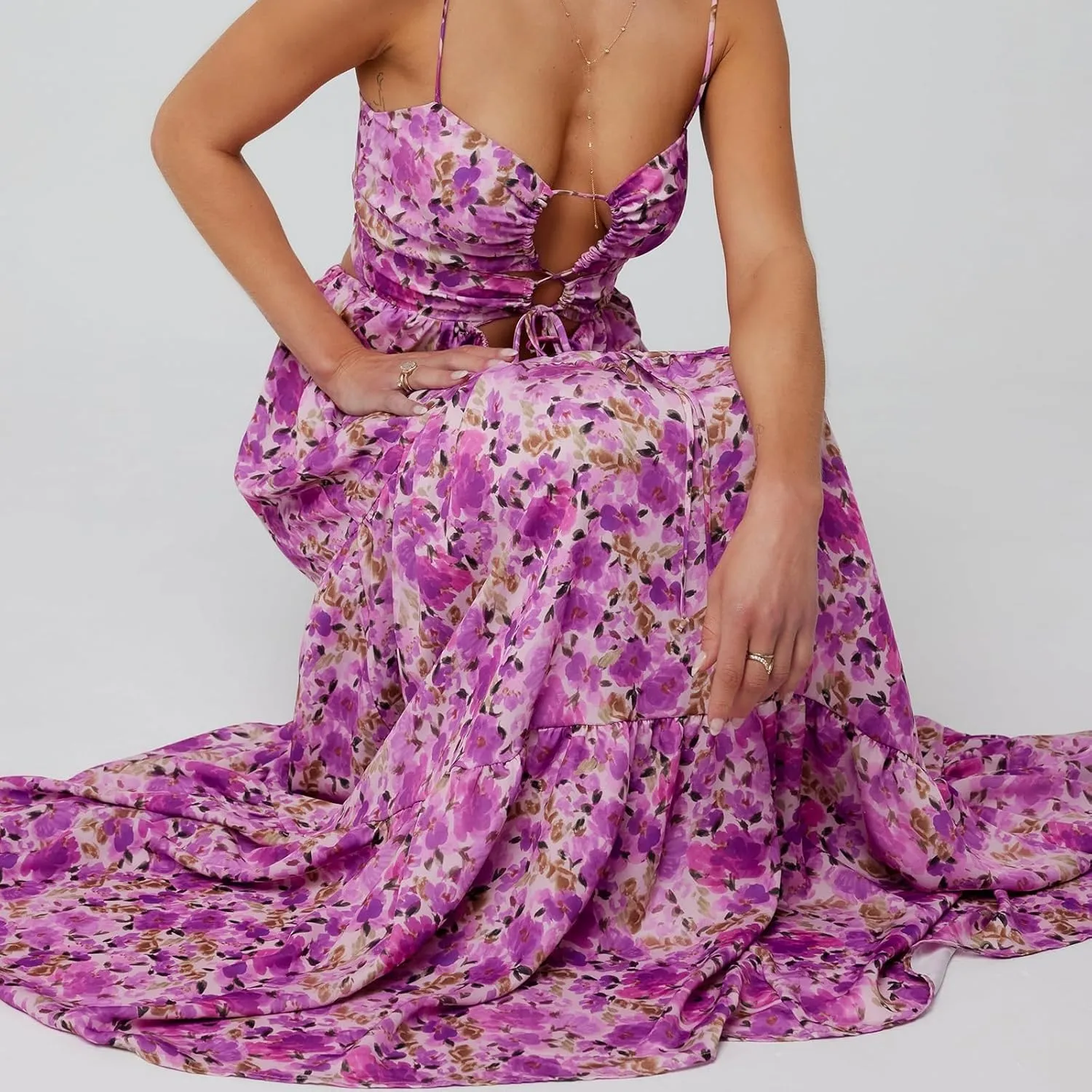 Women Floral Beach Maxi Dress Y2k Hollow Out Tie Front Twisted Spaghetti Strap Long Dress Vacation Outfits