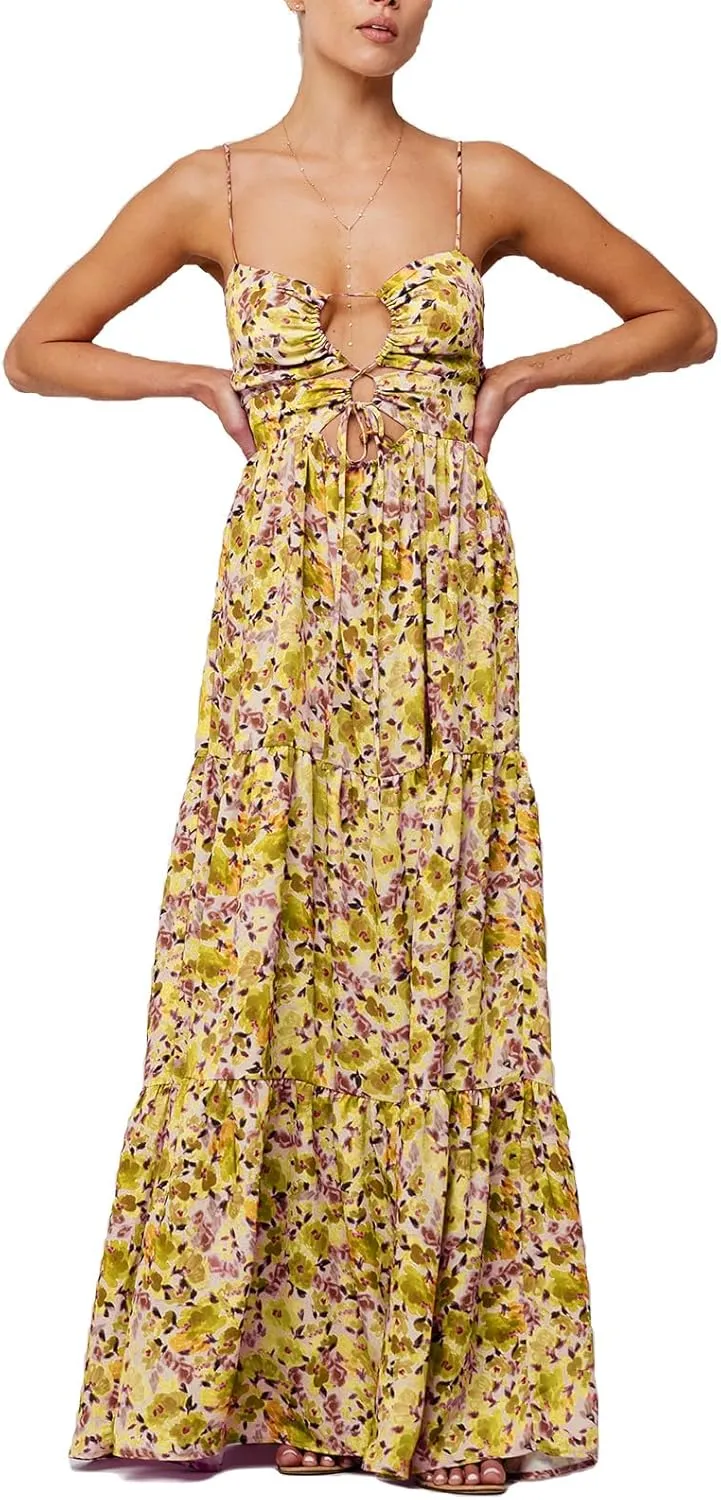 Women Floral Beach Maxi Dress Y2k Hollow Out Tie Front Twisted Spaghetti Strap Long Dress Vacation Outfits