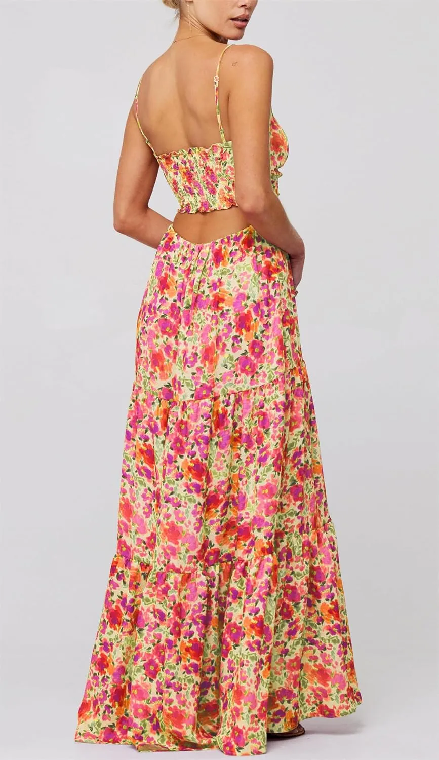 Women Floral Beach Maxi Dress Y2k Hollow Out Tie Front Twisted Spaghetti Strap Long Dress Vacation Outfits