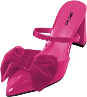 Women Graceful Pointed Toe Bowtie Strappy Mules Slip on Chunky High Heel Summer Party Club Slide Sandals Size 4-16 US