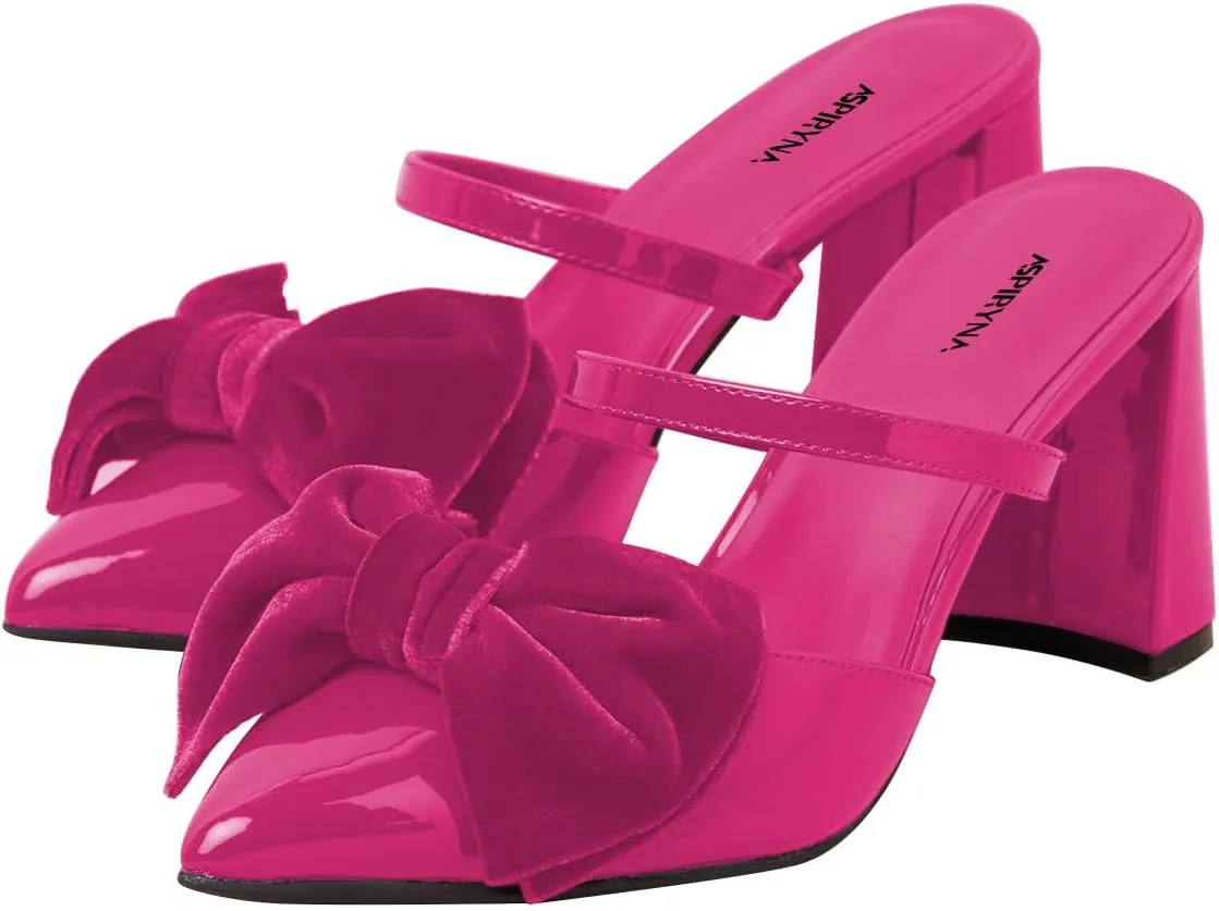 Women Graceful Pointed Toe Bowtie Strappy Mules Slip on Chunky High Heel Summer Party Club Slide Sandals Size 4-16 US