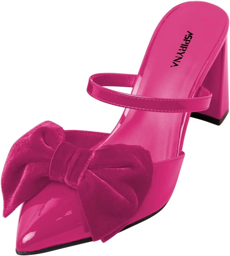 Women Graceful Pointed Toe Bowtie Strappy Mules Slip on Chunky High Heel Summer Party Club Slide Sandals Size 4-16 US