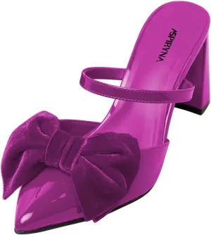 Women Graceful Pointed Toe Bowtie Strappy Mules Slip on Chunky High Heel Summer Party Club Slide Sandals Size 4-16 US