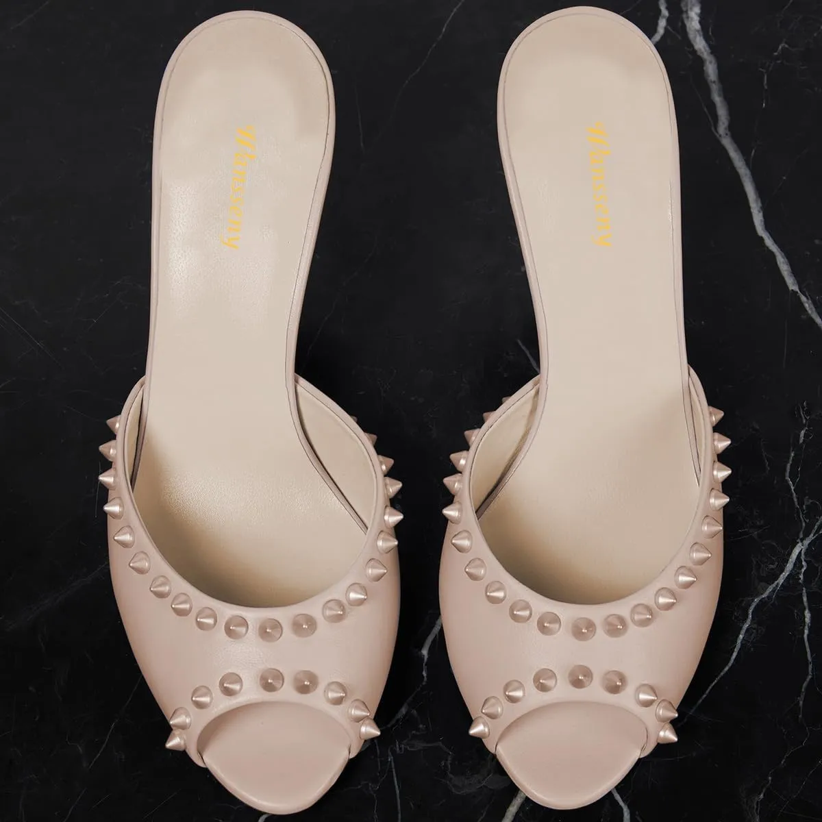 Women Graceful Studded Rivets Peep Toe Mules Crystal Mid Heel Slip On Ladies Fashion Casual Dress Shoes Size 4-16 US